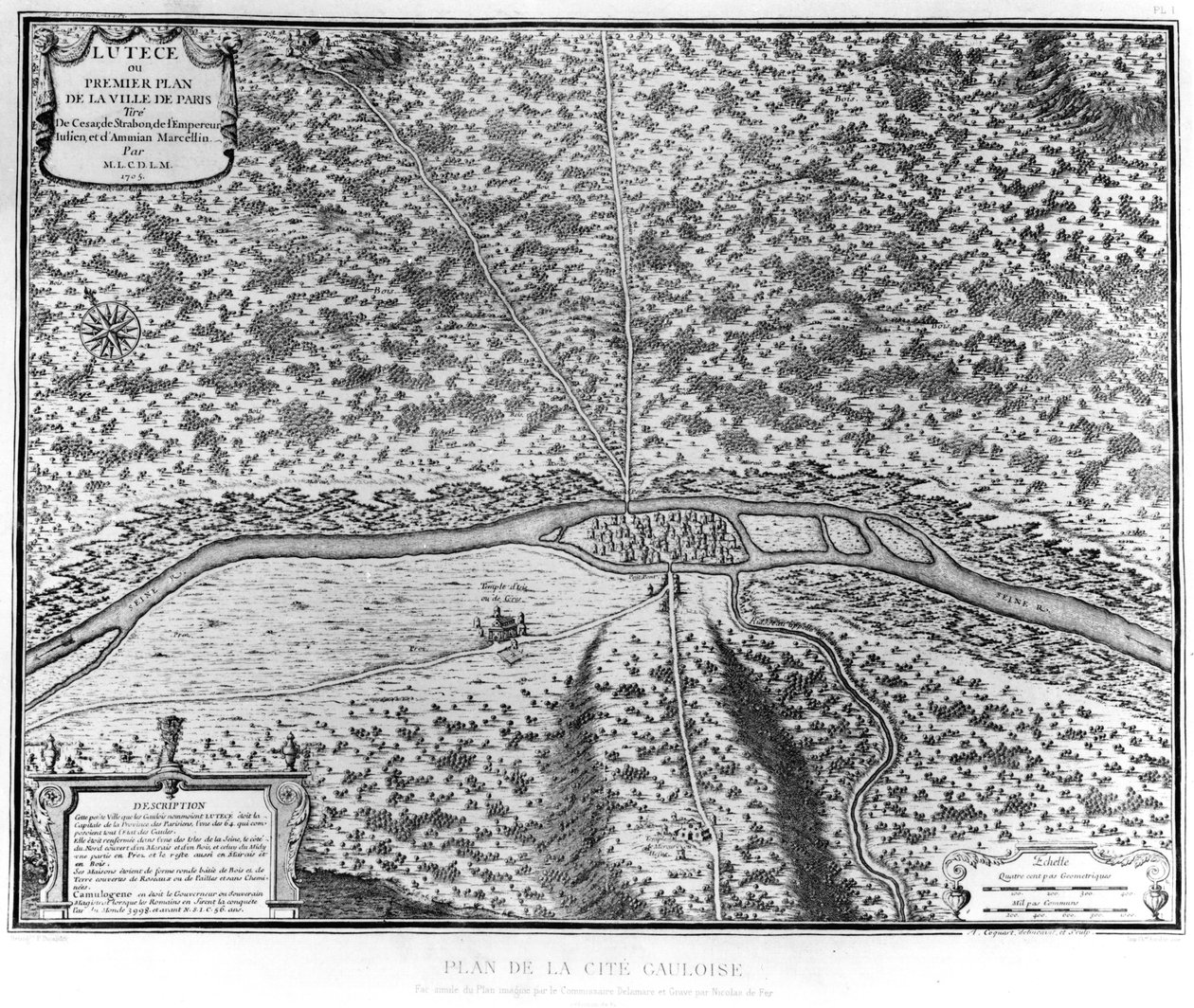 Lutetia eller den første planen i Paris, hentet fra Cæsar, Strabo, keiser Julian og Ammianus Marcellinus, 1705 av French School