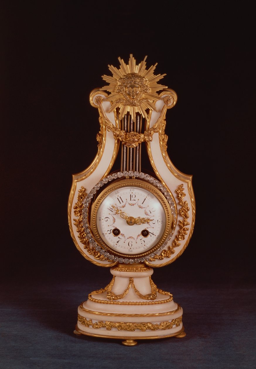 Lyre-klokke, ca. 1810 (marmor og ormolu med limjuveler) av French School