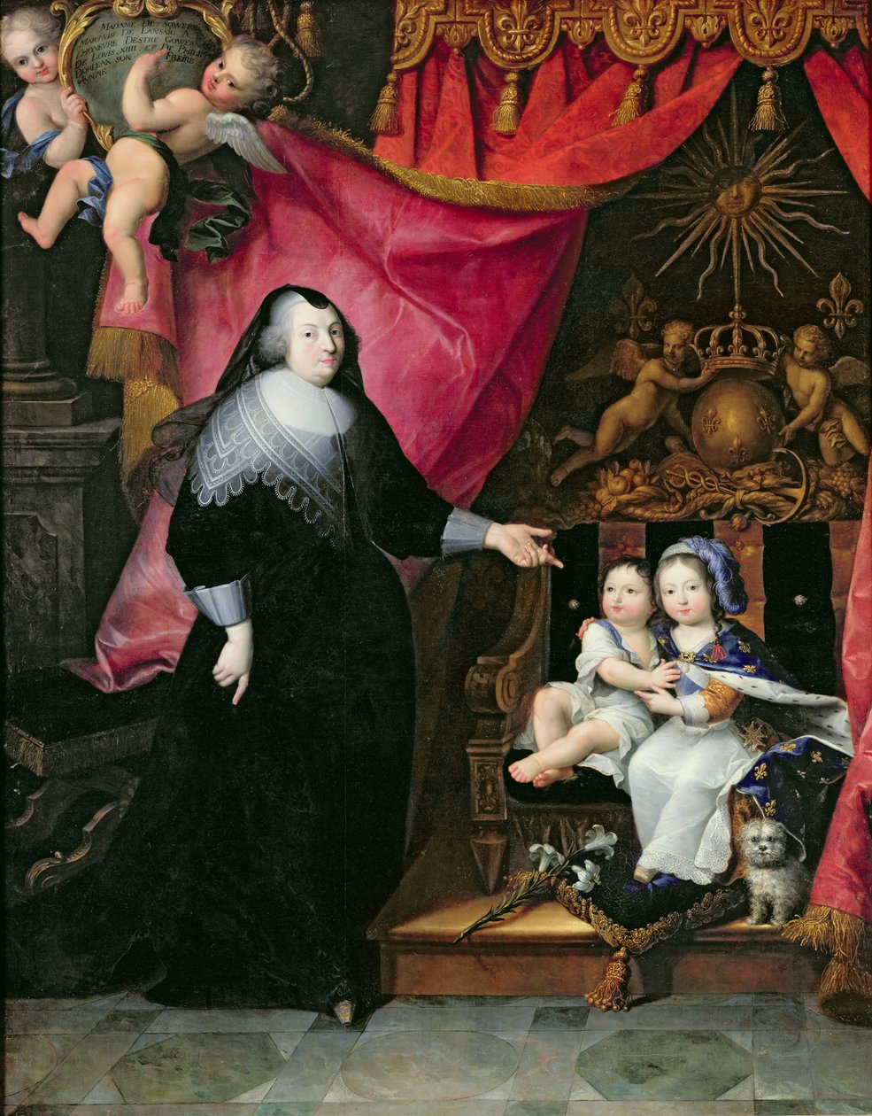 Madame de Lansac (1582-1657) og Frankrikes barn, Louis XIV (1638-1715) og broren Philippe av Orleans (1640-1701) etter 1640 av French School