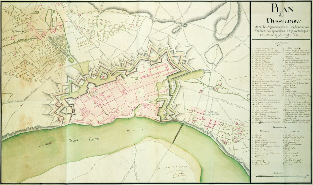 Kart over Düsseldorf, 1797 av French School