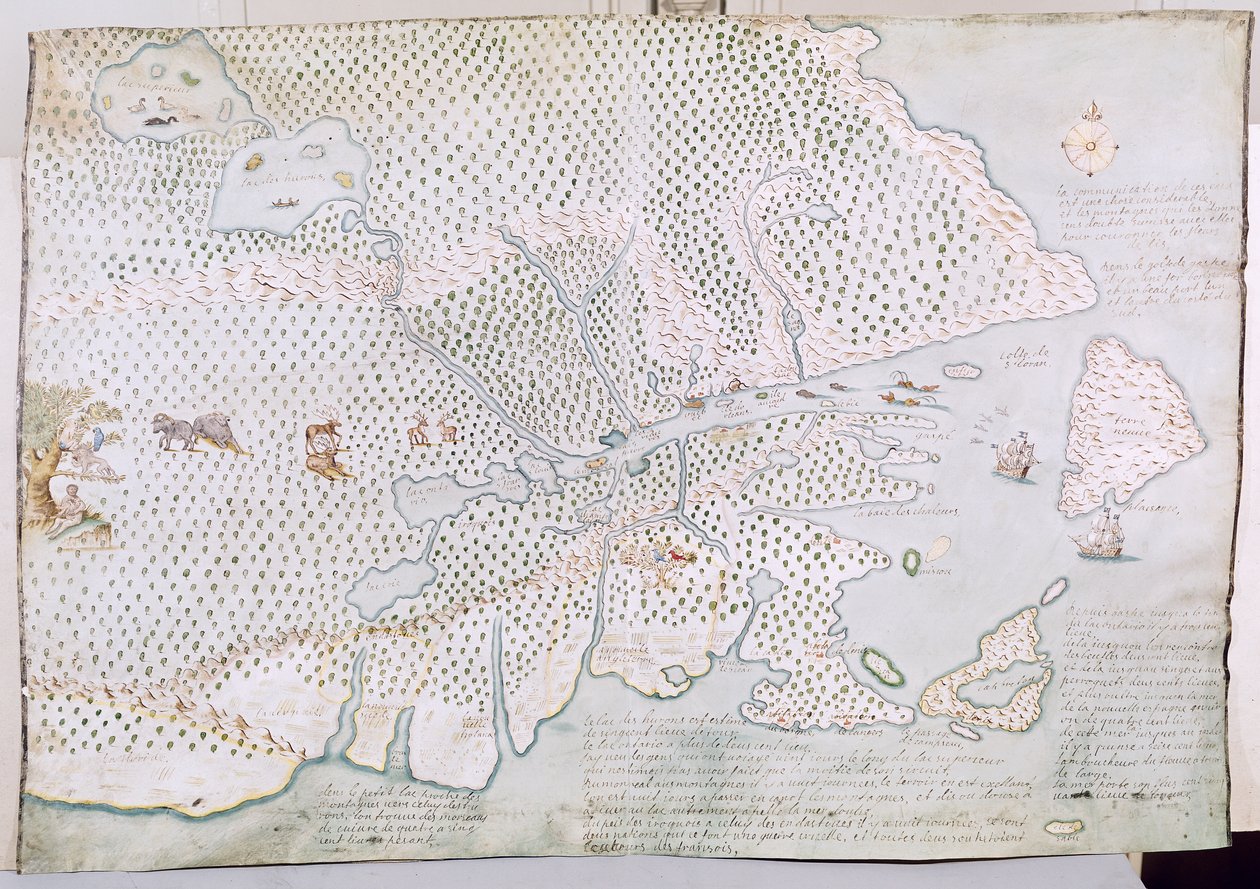 Kart over St. Lawrence-elvemunningen (penn og blekk og wc på papir) av French School