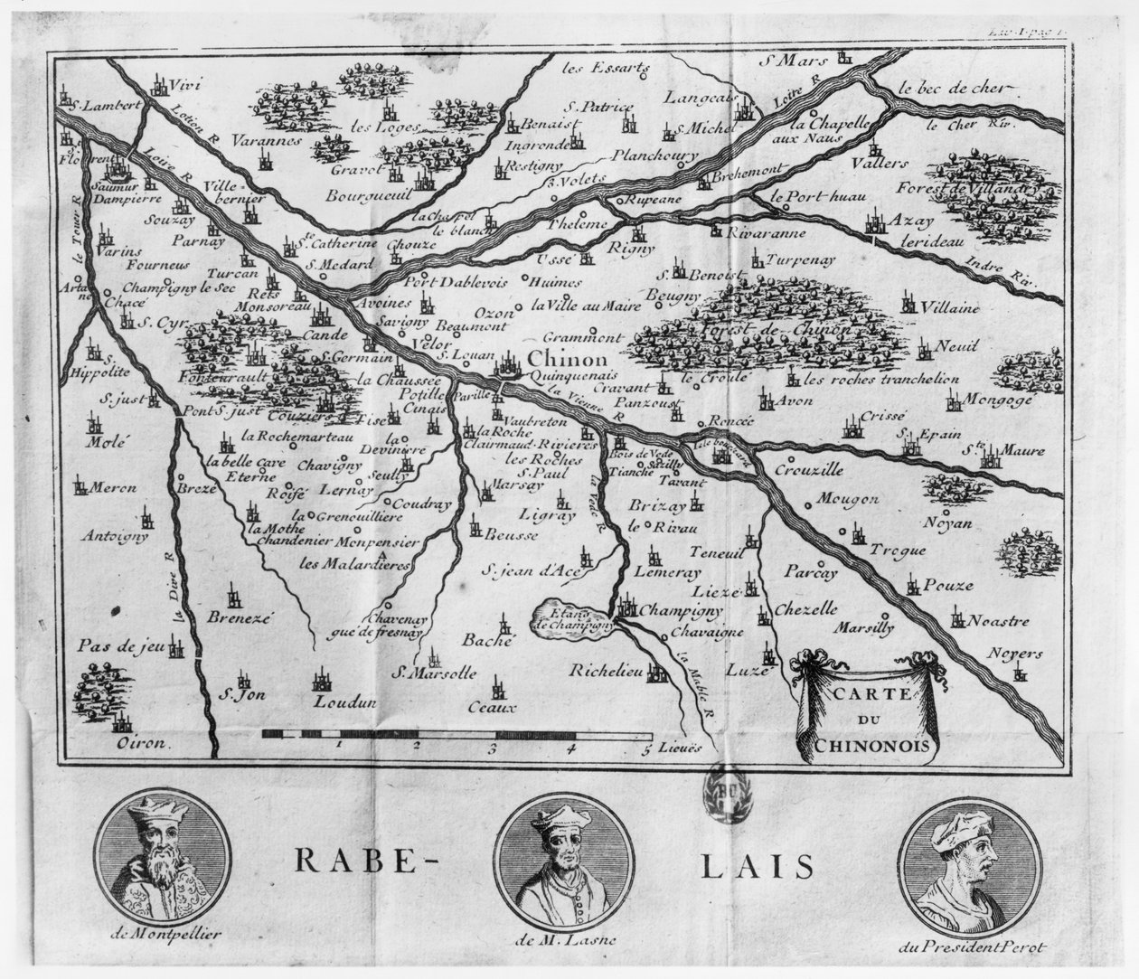 Kart over regionen Chinon relatert til verkene til Francois Rabelais, utgitt i 1725 av French School