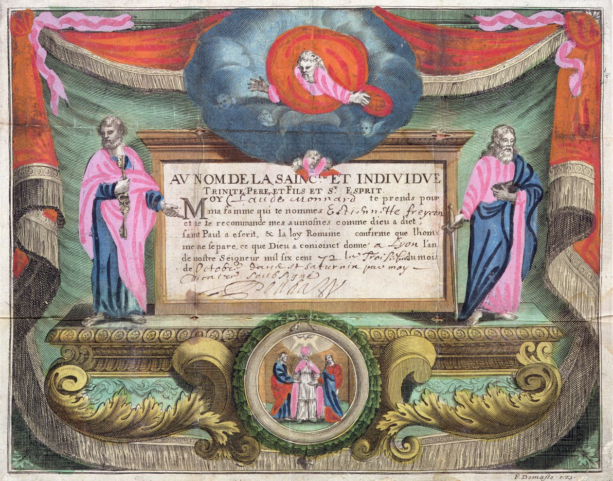 Ekteskapsattest for Claude Monnard utstedt i Lyon i 1672 av French School