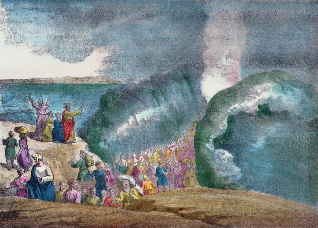 Moses krysser Rødehavet (fargegravering) av French School