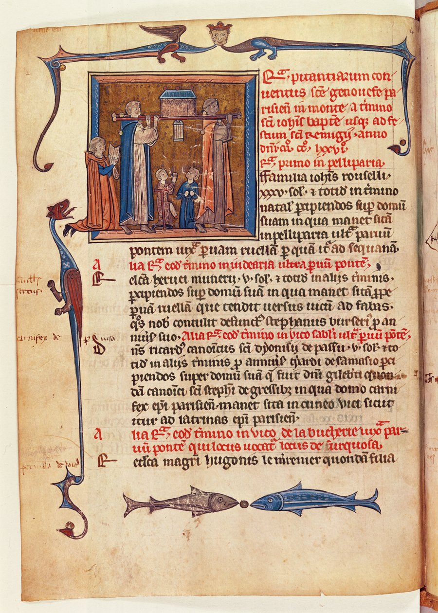 Ms 16261 fol.13v Prosesjon av relikvieskrinet til St. Genevieve gjennom gatene i Paris, fra Censier de lAbbaye Sainte-Genevieve av French School