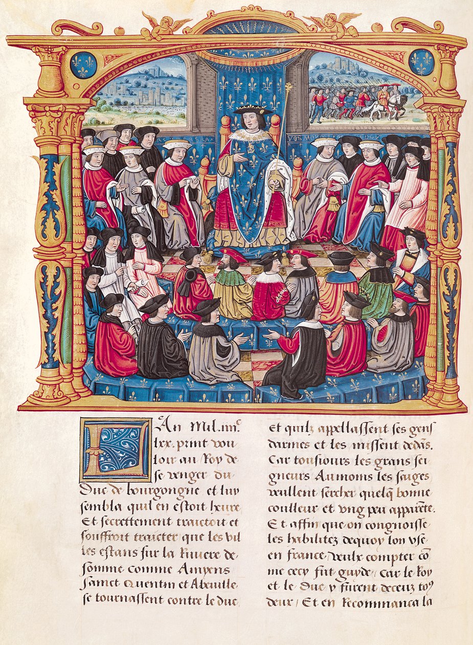 Ms 18 Fol.66v Louis XI begynner krigen mot Charles le Temeraire, hertugen av Burgund, fra memoarene til Philippe av Commines (1445-1509) av French School