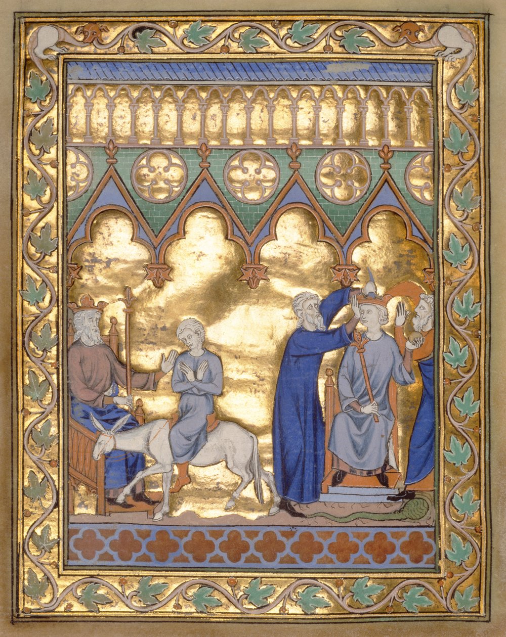 Ms 300 f.5v Coronation of Solomon, fra Psalter and Hours of Isabella of France, Paris, ca. 1260 (bladgull på tempera på pergament) av French School
