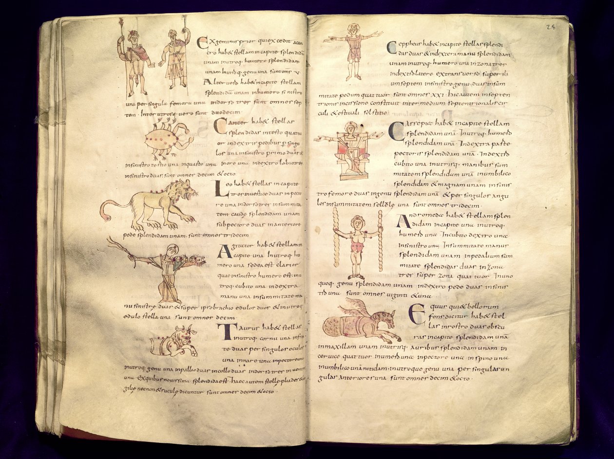 Ms 422 Fol.27v und 28r Månens bane over stjernebildene, fra 
