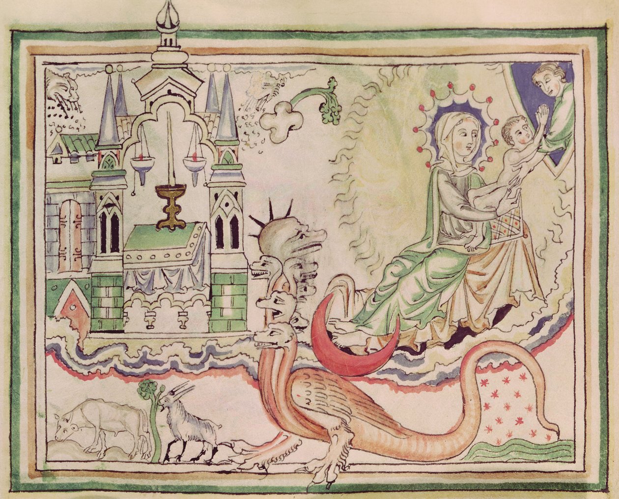 Ms 422 fol.47r Kvinnen fødte et barn og det syvhodede monsteret av French School