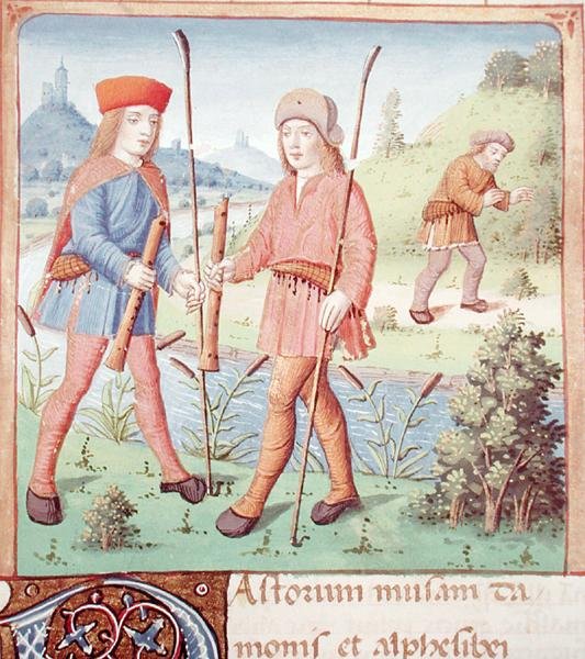 Ms 493 fol.14 Hyrder ved en elv, fra The Eclogues av Virgil med en kommentar av Servius, 1469 av French School