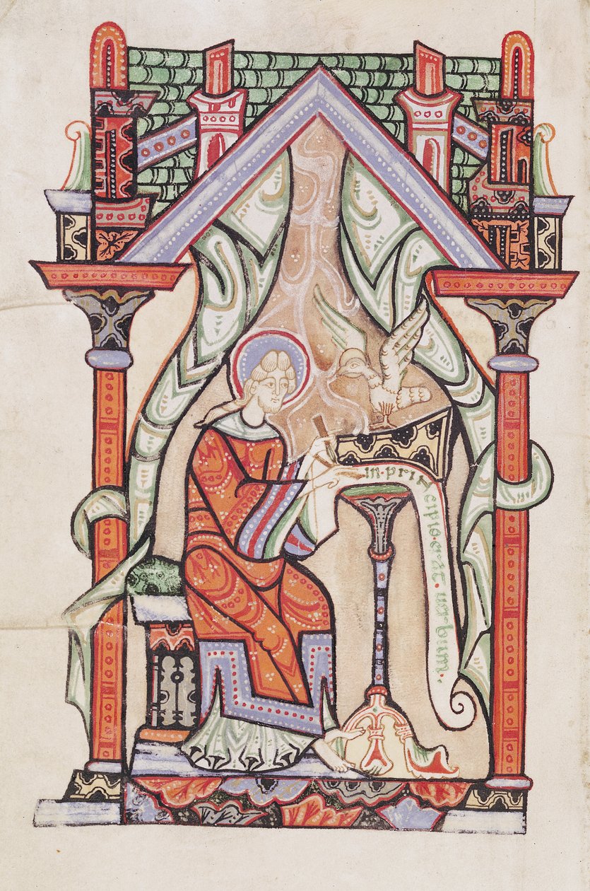 Ms 75 fol.63v St. Johannes evangelisten, fra evangeliene ifølge St. Matteus og St. Johannes, fra klosteret St. Amand av French School