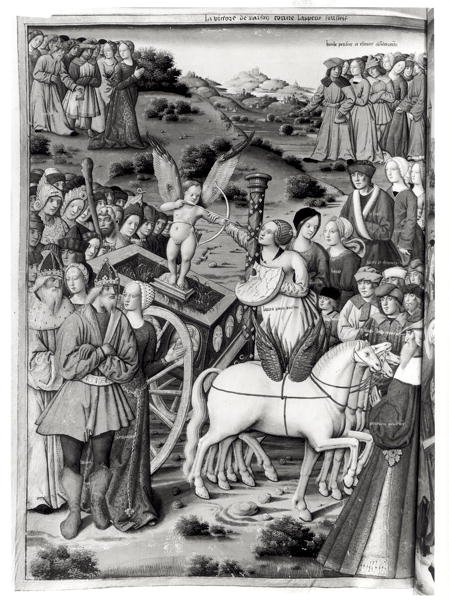 Ms.Fr.594 fol.7v Kjærlighetens triumf, fra Les Triomphes av Petrarch (1304-74) 1503 av French School