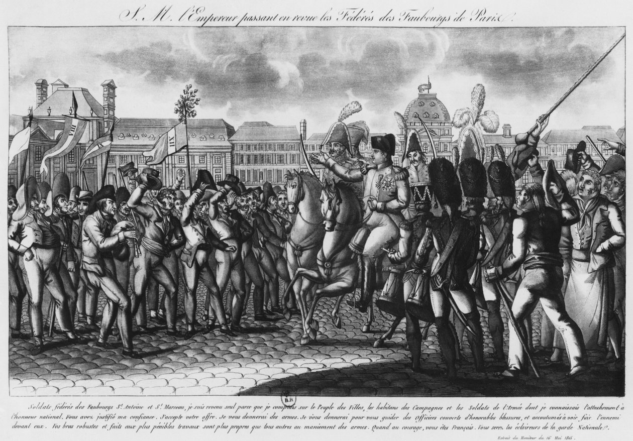Napoleon I gjennomgår Federes i de parisiske forstedene ved Tuileriene, illustrasjon fra 