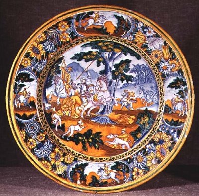 Nevers-fat som viser en jaktscene tilpasset fra to trykk av Antonio Tempesta, ca. 1660 (fajanse) av French School