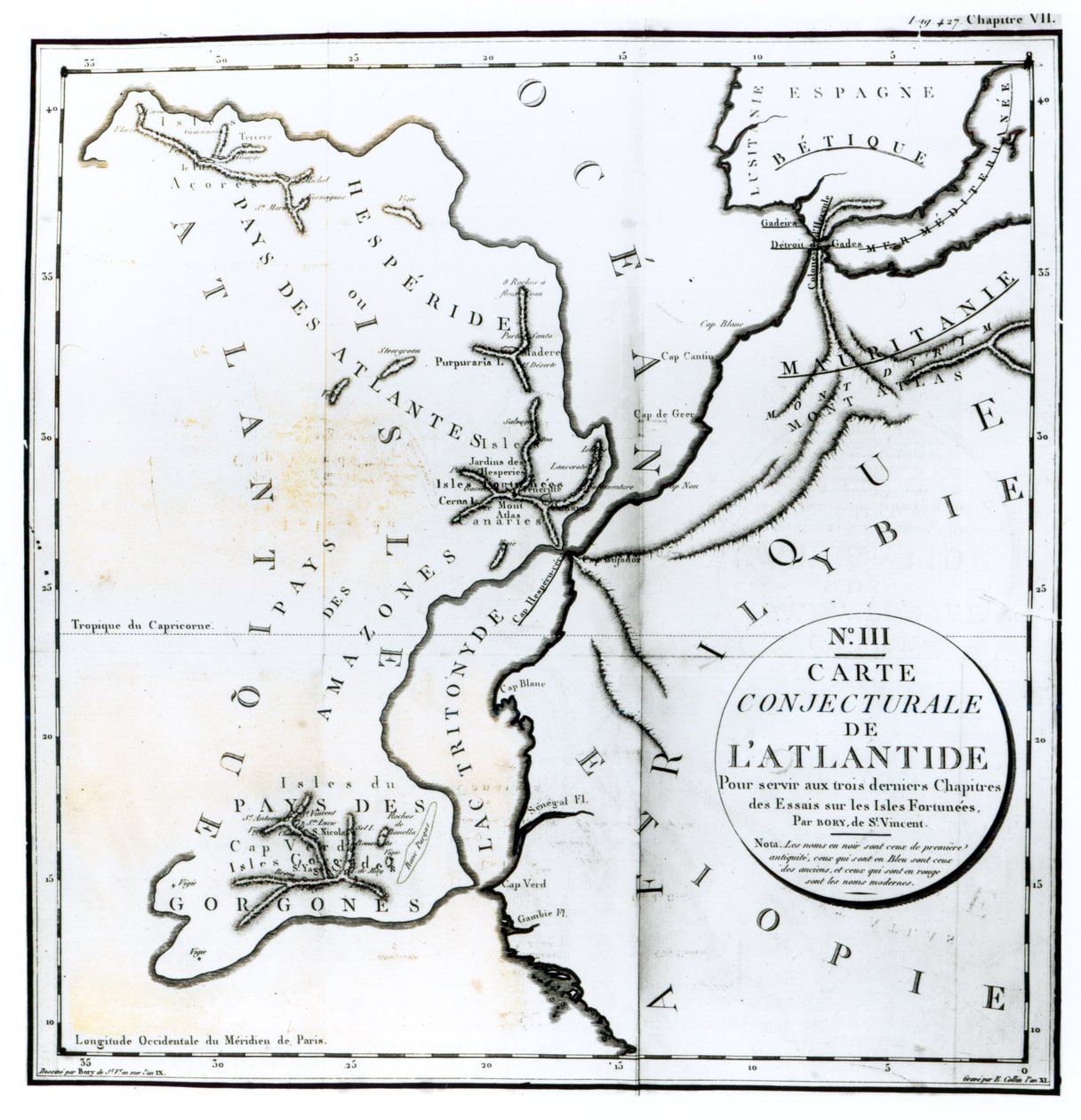 No. III Formodningskart over øya Atlantis, tegnet av Bory av St-Vincent og gravert av E. Collin av French School