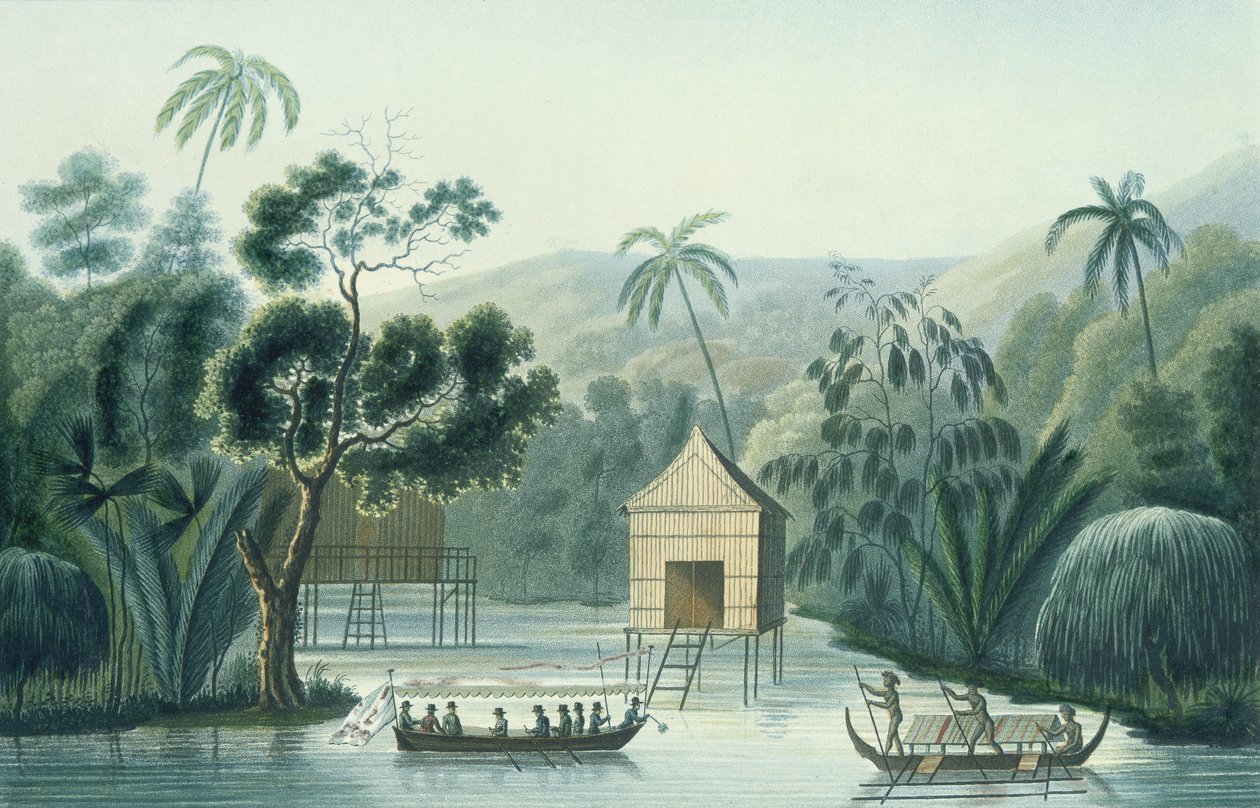 Pagoda på øya Waigiou, fra Voyage Around the World på Corvette La Coquille (1822-25) av Louis Isidore Duperrey (1786-1865) av French School