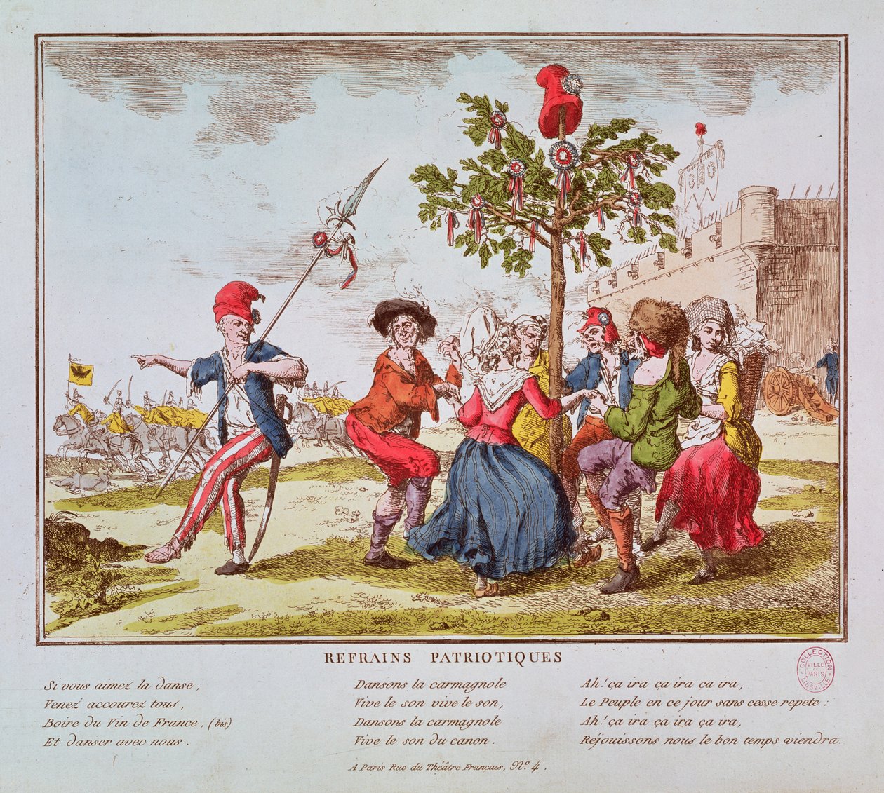 Patriotiske refrenger: Franske revolusjonære danser karmagnolen rundt frihetens tre, ca. 1792 av French School