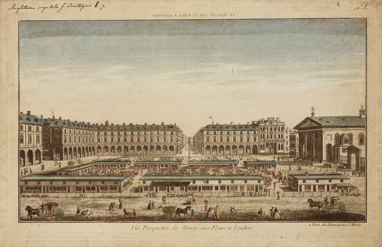 Perspektiv utsikt over Covent Gardens blomstermarked av French School