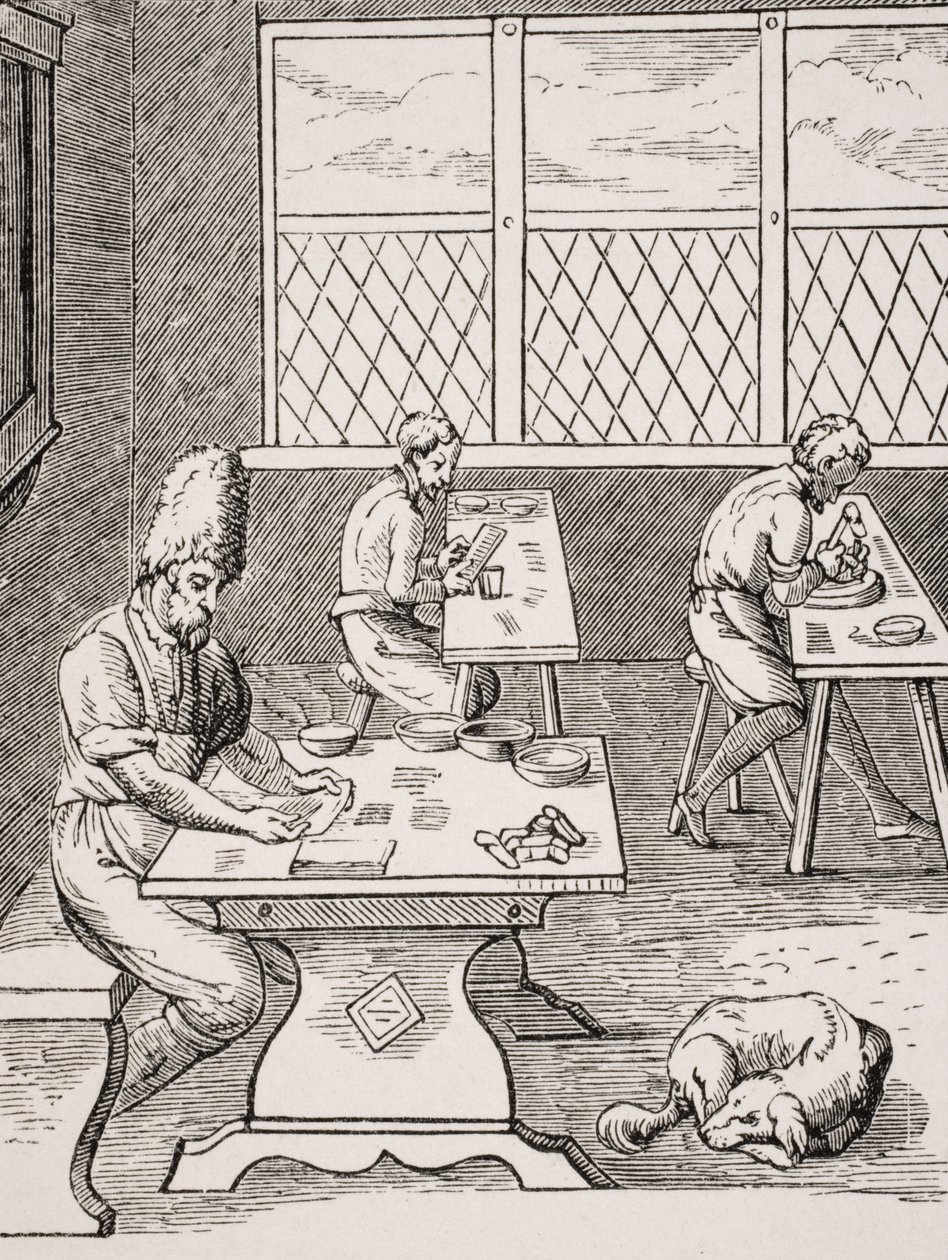 Pin and Needle Maker, reproduksjon av et tresnitt av Jost Amman (1539-91) fra 'Le Moyen Age et La Renaissance' av Paul Lacroix (1806-84) utgitt 1847 av French School