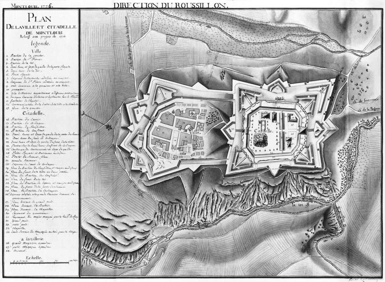 Plan og kart over byen og citadellet Mont-Louis, 1776 (blyant og wc på papir) av French School