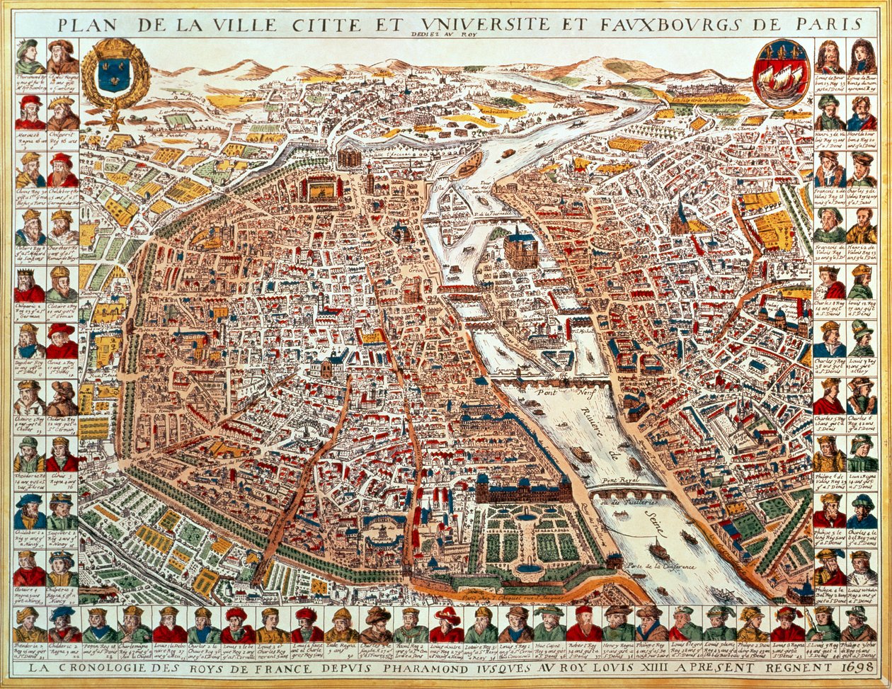 Plan av Paris, avgrenset av en kronologisk serie portretter av kongene av Frankrike fra Pharamond til Louis XIV, 1698 (håndfarget gravering) av French School