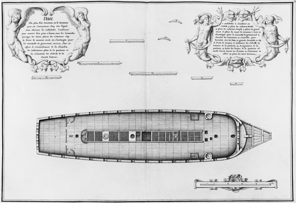 Plan over et fartøy med et helt ferdig andre dekk, illustrasjon fra 'Atlas de Colbert', plate 34 (blyant og wc på papir) av French School