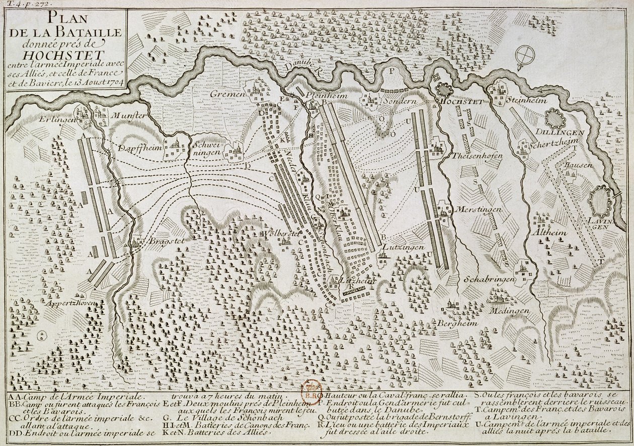 Plan for slaget ved Blenheim mellom den keiserlige hæren og den fransk-bayerske hæren, 13. august 1704 av French School