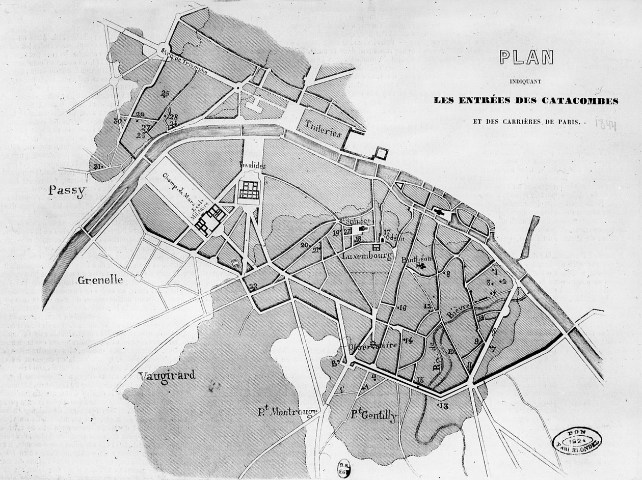 Plan over inngangene til katakombene og steinbruddene i Paris, 1844 av French School