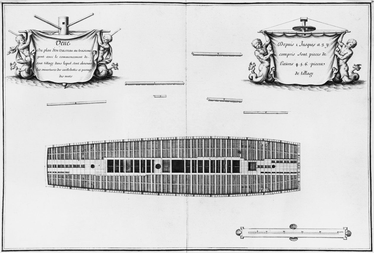 Plan over det tredje dekket på et fartøy, illustrasjon fra 'Atlas de Colbert', plate 30 (blyant og wc på papir) av French School