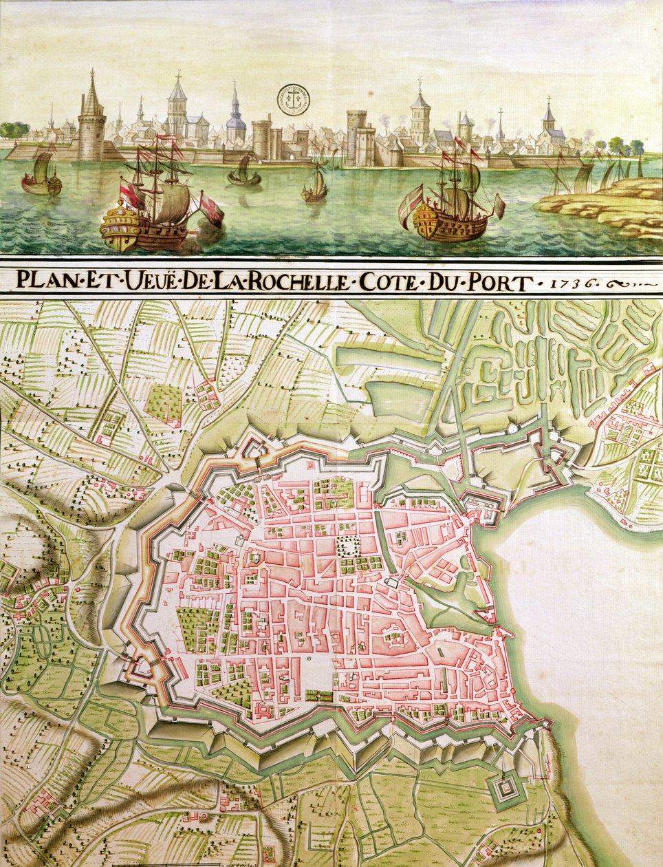 Plan for byen La Rochelle, 1736 av French School