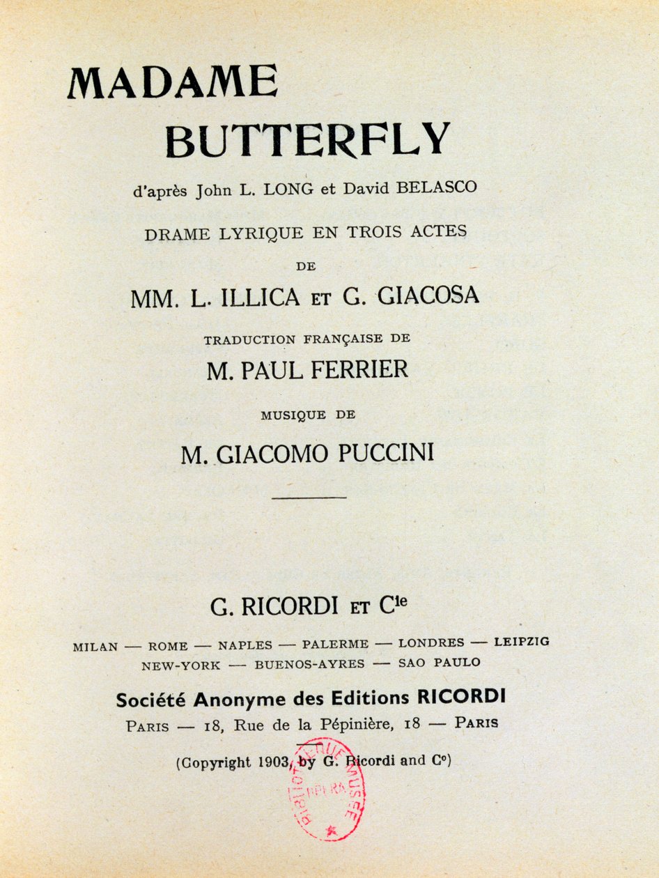 Playbill for 'Madame Butterfly' av Giacomo Puccini (1858-1924) 1903 av French School