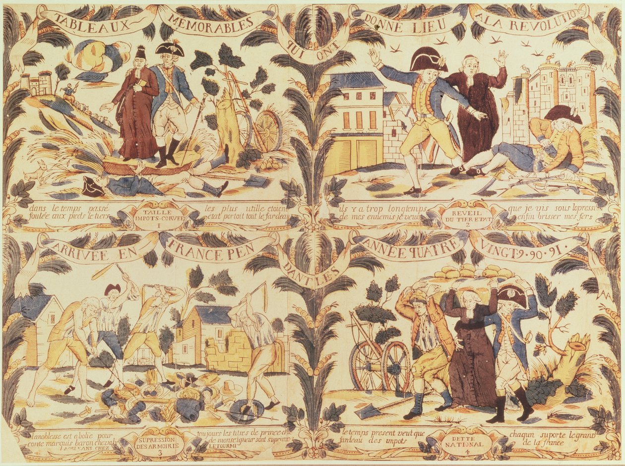 Populære bilder som fremhever de viktigste årsakene til revolusjonen i Frankrike, ca. 1792 i tegneserier av French School