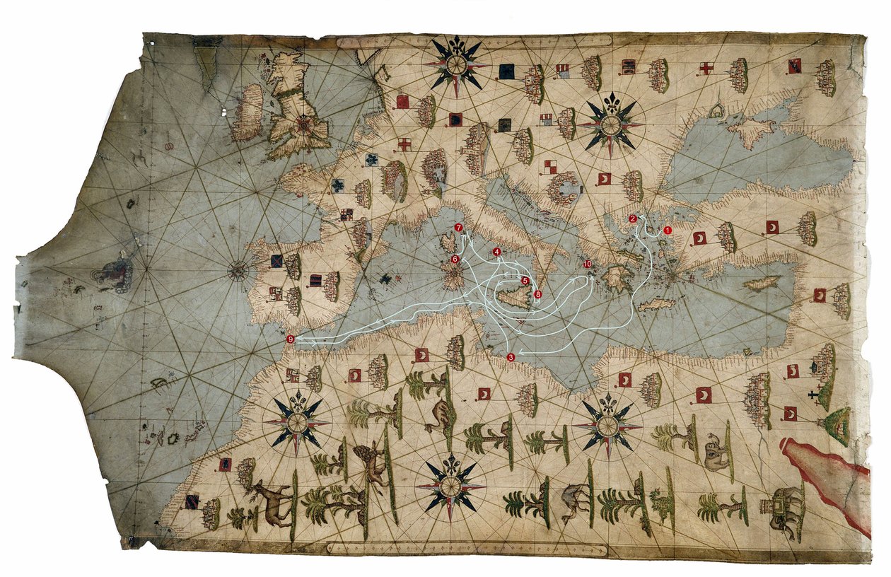 Portolan-kart over Middelhavskysten, som viser de forskjellige stadiene av Ulysses-reisen, som fortalt i Homers Odyssey, 1593 (pergament) av French School