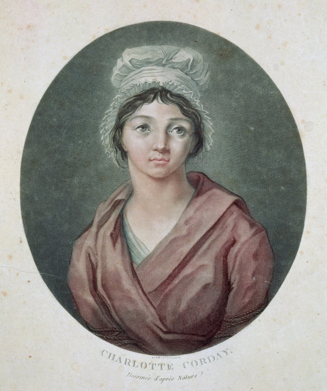 Portrett av Charlotte Corday (1768-93) etter 1793 (akvatint) av French School