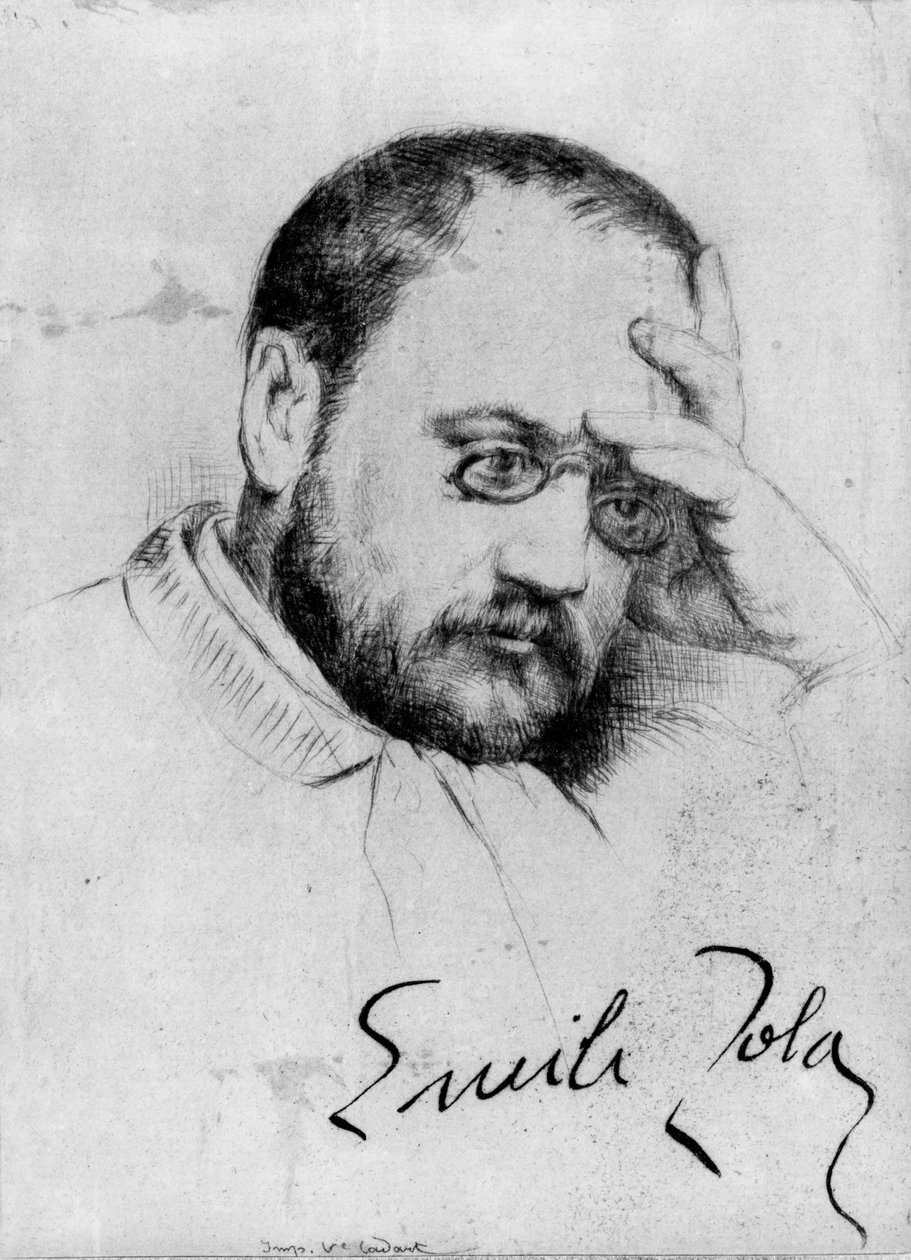 Portrett av Emile Zola (1840-1902) (penn og blekk på papir) av French School