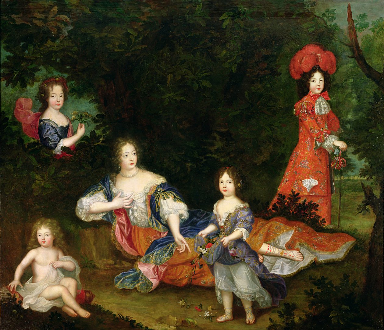 Portrett av Francoise-Athenais de Rochechouart-Mortemart (1641-1707) Marquise de Montespan, omgitt av hennes legitimerte barn av French School