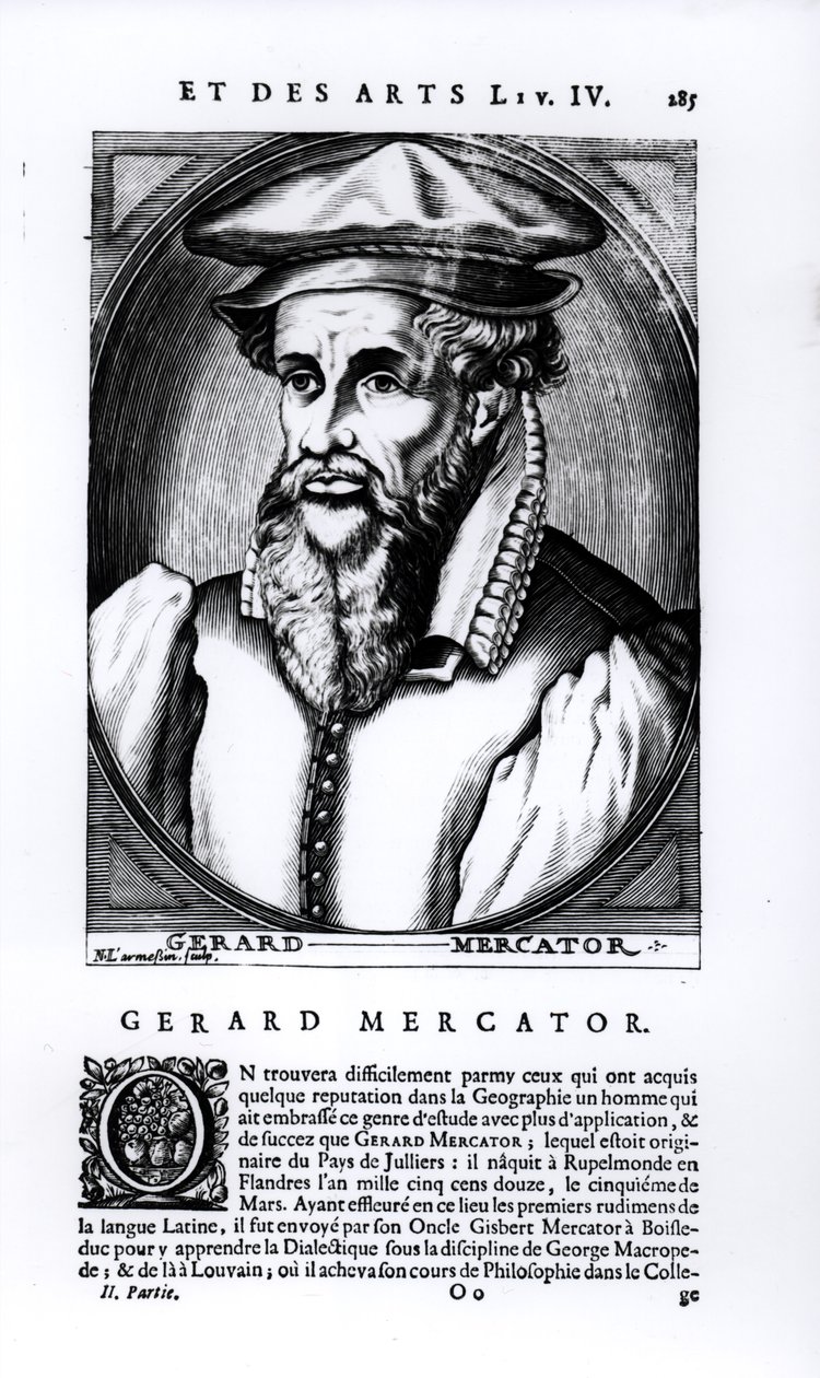 Portrett av Gerard Mercator (1512-94) gravert av Nicolas II de Larmessin (fl. 1654-94) av French School