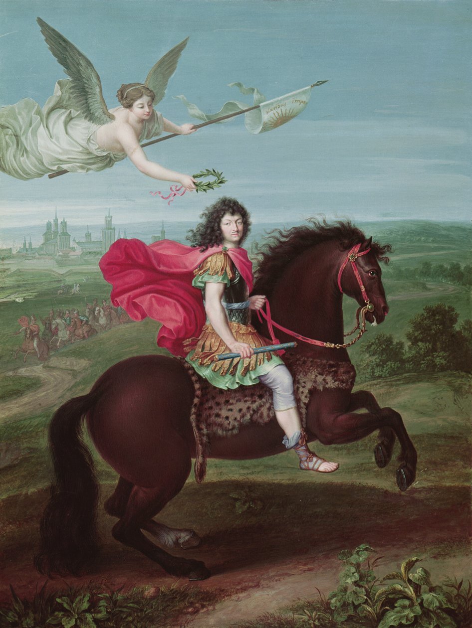 Portrett av Louis XIV (1638-1715), frontispice for en bok med militærkampanjekart av French School