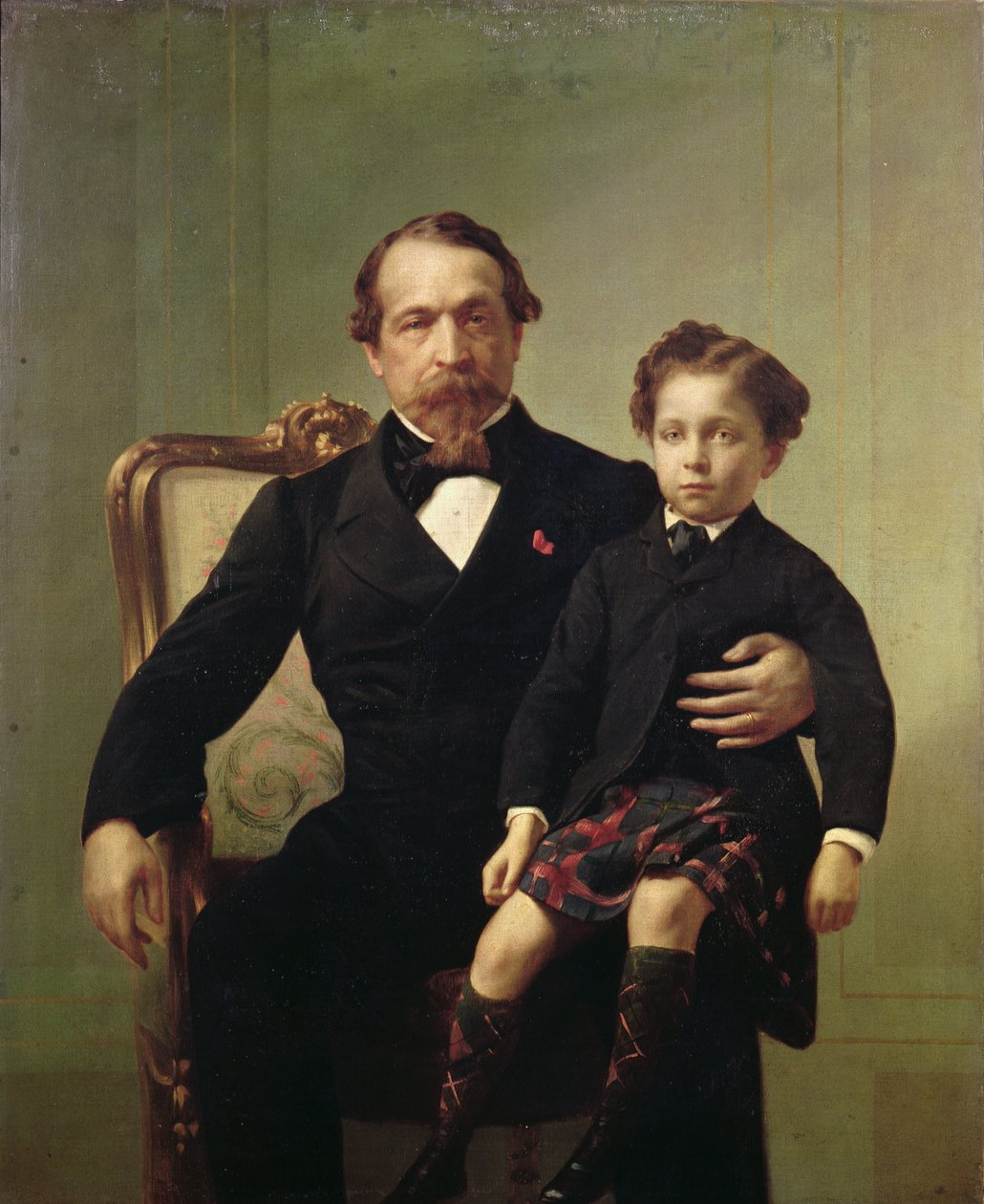 Portrett av keiseren Louis-Napoleon Bonaparte (1808-73) og hans sønn, prins Napoleon Eugene Louis Jean Joseph Bonaparte (1856-79) av French School