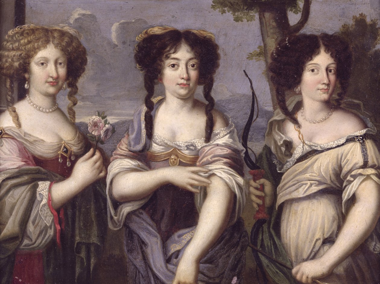 Portrett av tre av niesene til kardinal Mazarin fremstilt som gudinner, Venus, Juno og Diana (olje på kobber) av French School