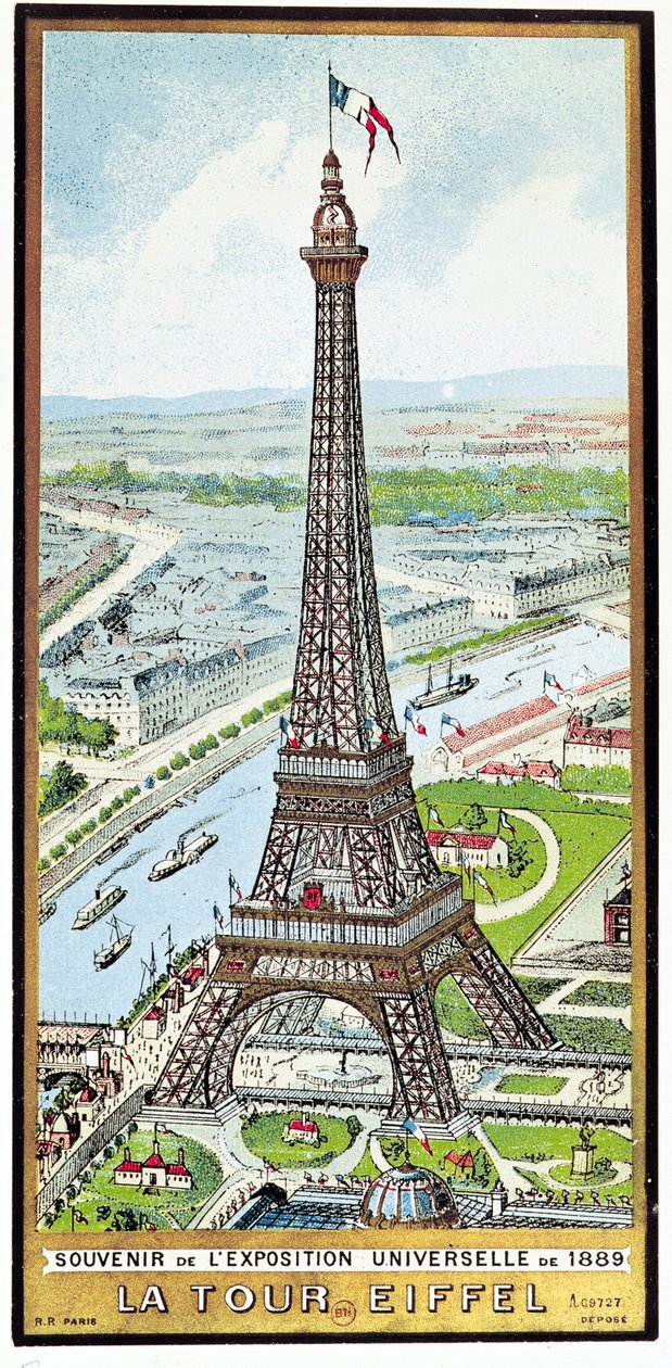 Postkort som viser Eiffeltårnet på Exposition Universelle, 1889 av French School