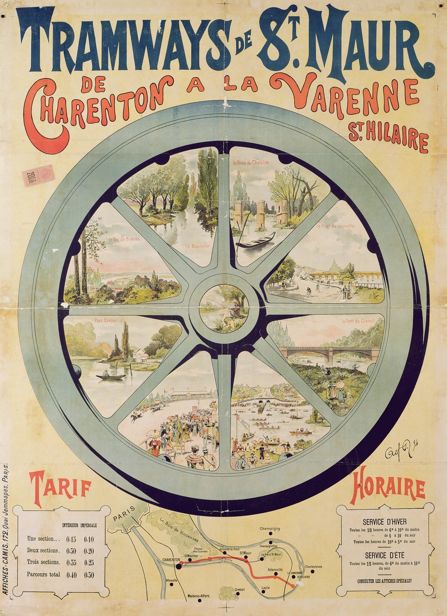 Plakat som reklamerer for Tramways de St. Maur fra Charenton til La Varenne-Saint-Hilaire, 1894 av French School