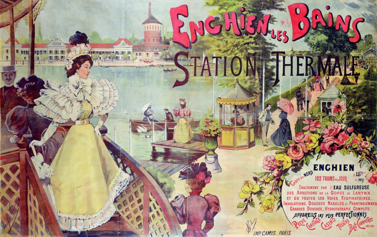 Plakat som reklamerer for spa-feriestedet Enghien-les-Bains, Frankrike, sent på 1800-tallet av French School