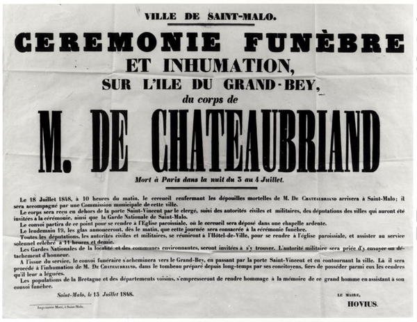 Plakat for begravelsen til Francois Rene de Chateaubriand (1768-1848) i St.Malo 18. juli 1848 (trykk) av French School