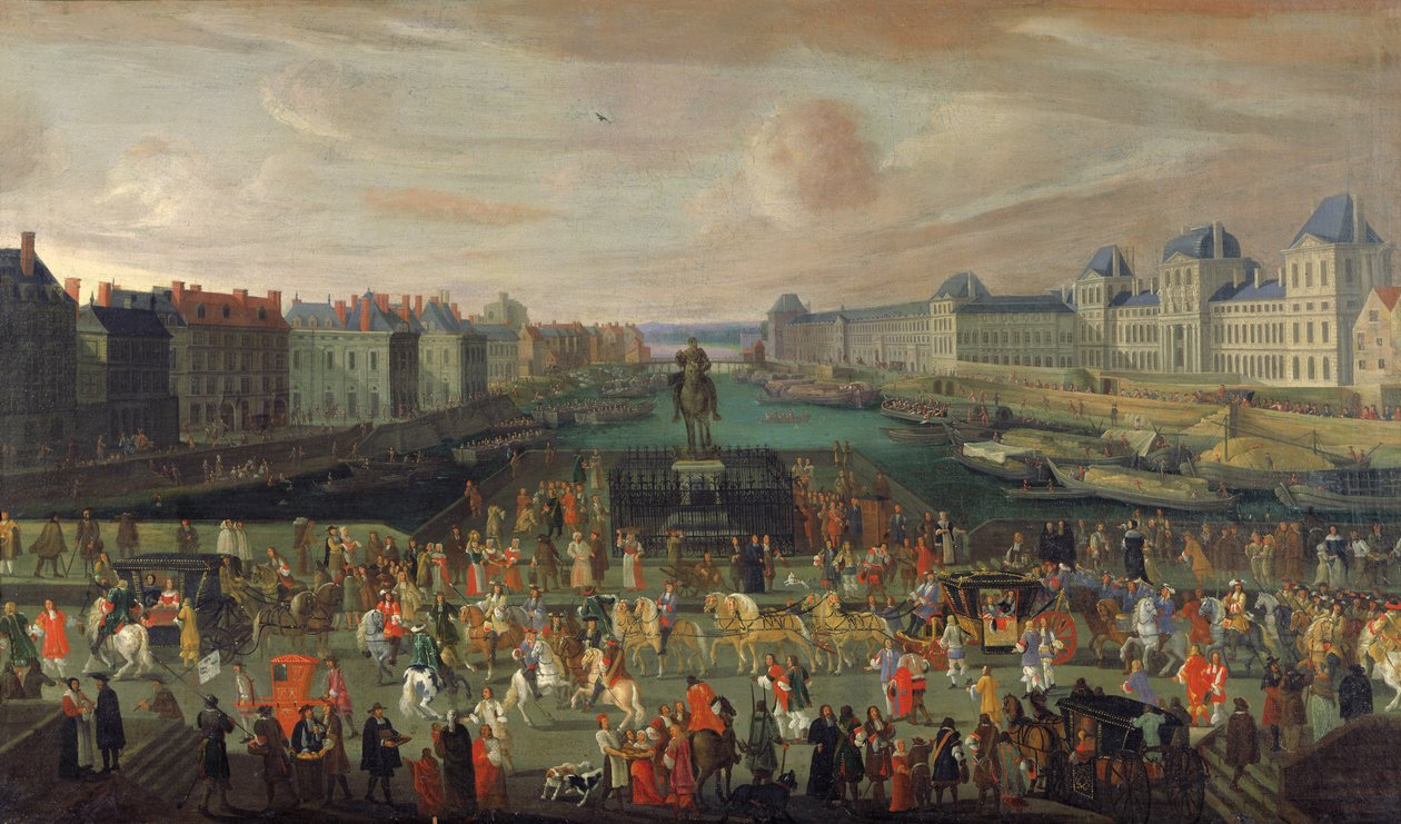 Prosesjon av Ludvig XIV (1638-1715) over Pont-Neuf, 1665-69 av French School