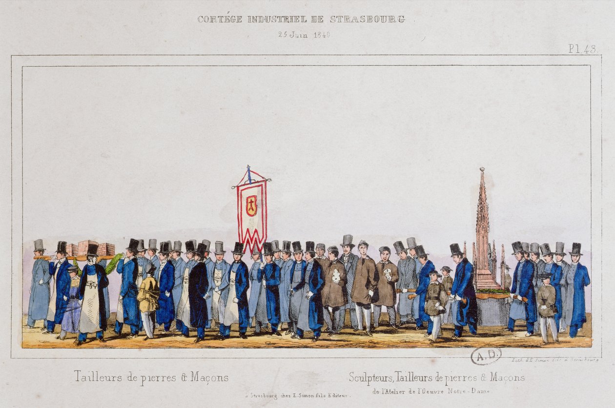 Prosesjon av steinarbeiderne og murerne i Strasbourg, 25. juni 1840 av French School
