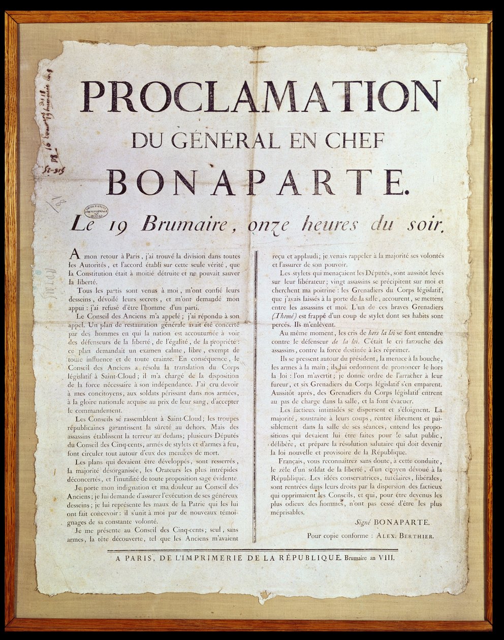 Proklamasjon av Napoleon I (1769-1821) 19 Brumaire An 8 (10. november 1799) av French School