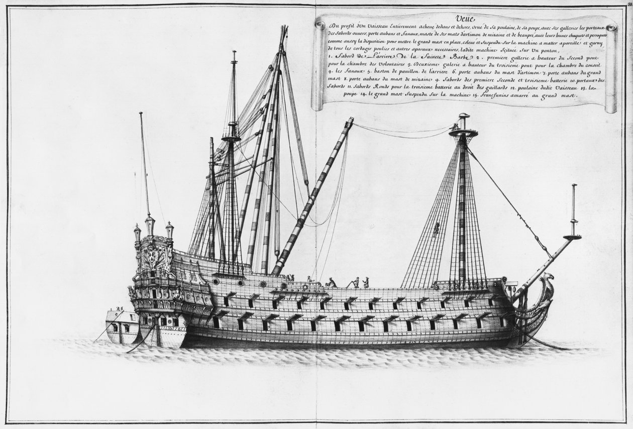 Profil av et innvendig og utvendig fullført fartøy, illustrasjon fra 'Atlas de Colbert', plate38 (blyant og wc på papir) av French School