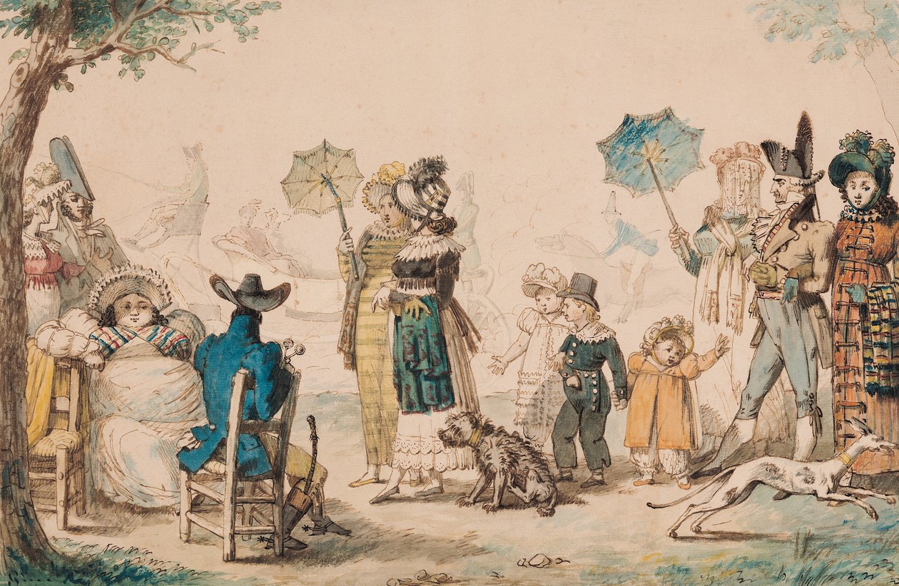 Promenade på Champs-Elysees, 1811 (penn og blekk og akvarell på papir) av French School