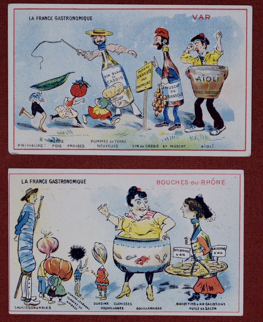 Salgsfremmende og pedagogiske kort for barn som viser matspesialiteter fra regionene Var og Bouches-du-Rhone, ca. 1910 av French School